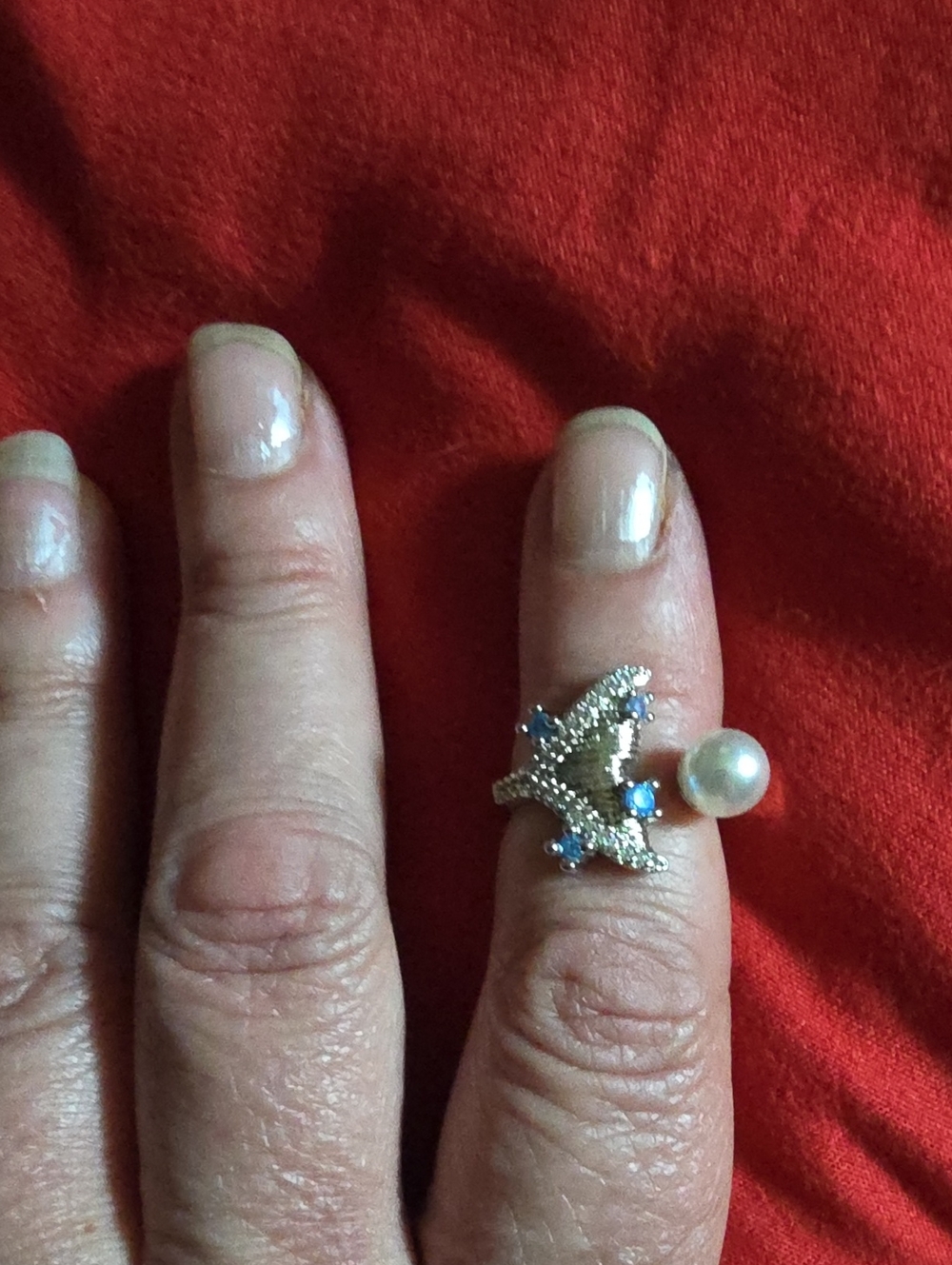 Silver Mermaid Ring with Pearl and Blue Accents - Women's Jewelry